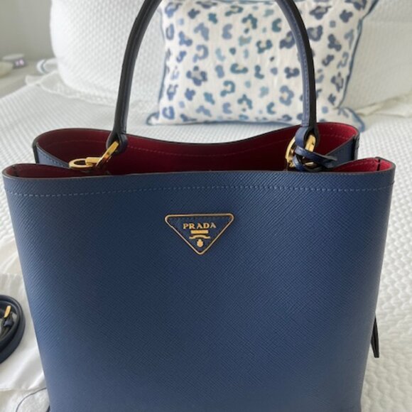 PRADA - Women's Blue Saffiano Leather Prada Medium Panier Bucket Bag - Picture 1 of 11